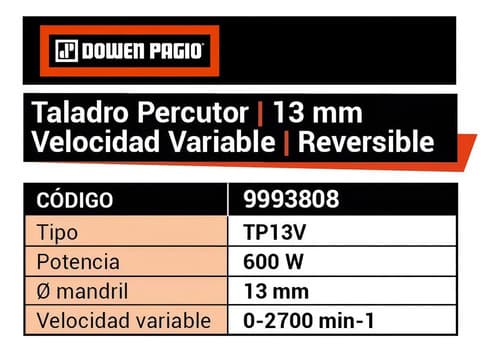 Taladro Percutor 13mm Vel Variable 600 W Dowen Pagio 9993808 Naranja 50