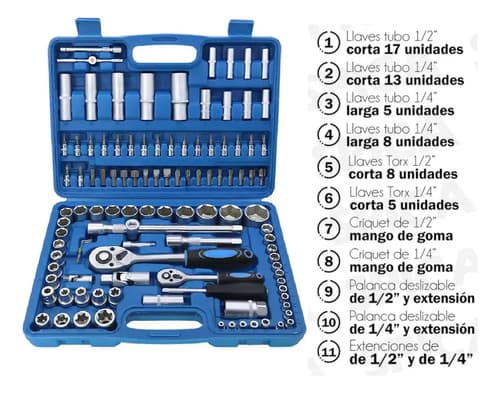 Set Caja Herramientas Juego Llaves Tubo Maletín 108 Piezas Azul