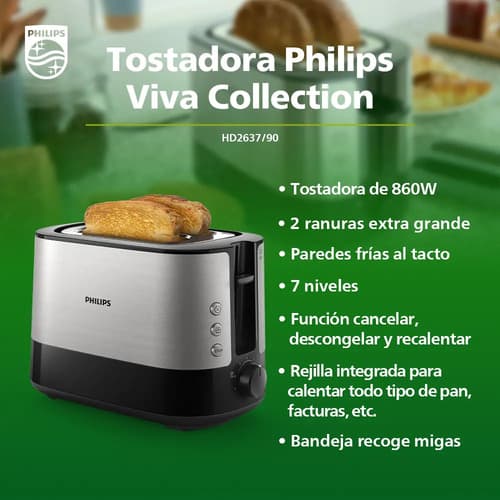 Tostadora Philips Hd2637/90 Viva Collection Color Inoxidable Y Negro