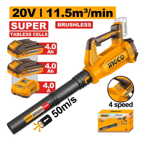 Sopladora Bl 20v P20s 11.5m3/min Con 2 Baterias 4.0ah Ingco Naranja Claro