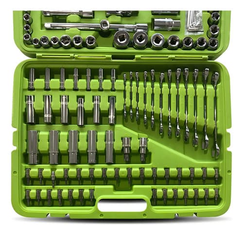 Kit Herramienta Tubos/puntas+llaves Kroner 216 Pza+gorro Color Verde Lima