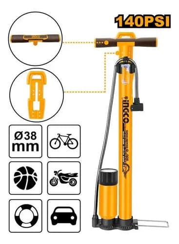 Inflador De Pie Manual Ingco 160 Psi Con Manómetro 500mm Amarillo