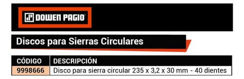 Disco De Corte Circular Dowen Pagio Para Madera De 235 Mm Con 40 Dientes Gris