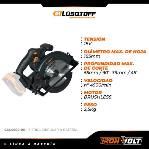 Sierra Circular Inalámbrica Brushless Profesional Black Series 20v 185mm Lusqtoff Frecuencia 50hz Csl4500-9b Negro