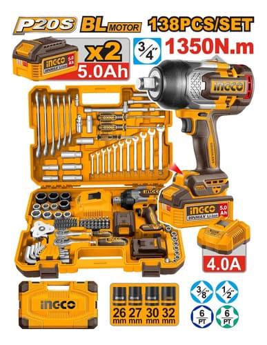 Set 138 Herramientas + Llave De Impacto 20v Ingco Hkthp41383