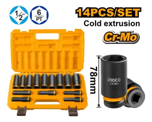 Set Dados De Impacto 1/2 Largos 14 Pcs Ingco Hkissd12143l Negro