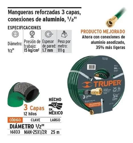 Manguera Jardin 25 Metros Conexion Metal Truper Man-25x1/2r Color Verde