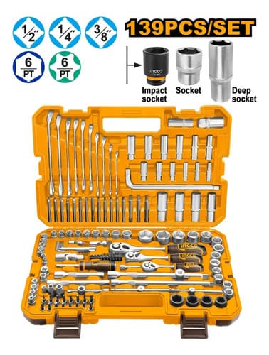 Set Ingco 139 Herramientas Con Valija Llaves Dados Puntas Naranja Claro