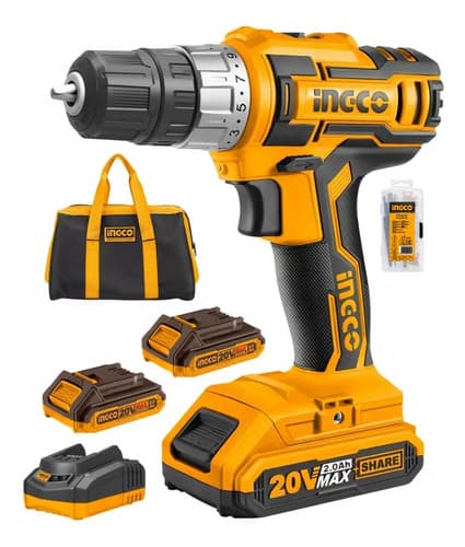 Taladro Inalámbrico Ingco 20v Con 2 Baterías Y Cargador Amarillo