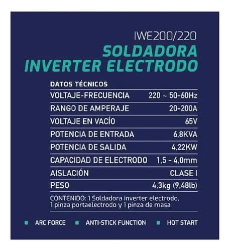 Soldadora Inverter Electrodo 200 Amp Worktool Gris Oscuro