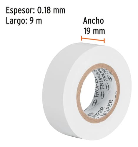Truper Cinta De Aislar De 9 M X 19 Mm, Blanca Blanco Lisa