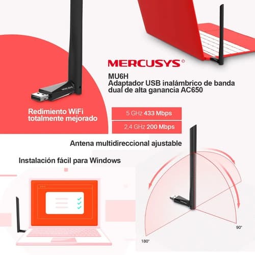 Placa De Red Wifi Adaptador 5ghz Mercusys Mu6h Dual Band Ac650 Pc