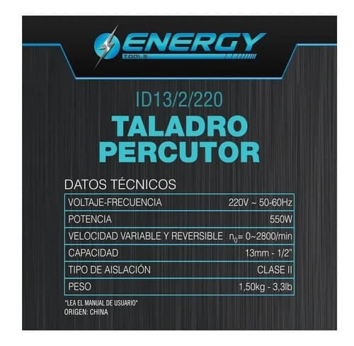 Taladro Percutor Eléctrico Energy 550w 13mm 2800rpm 2900gpm Turquesa