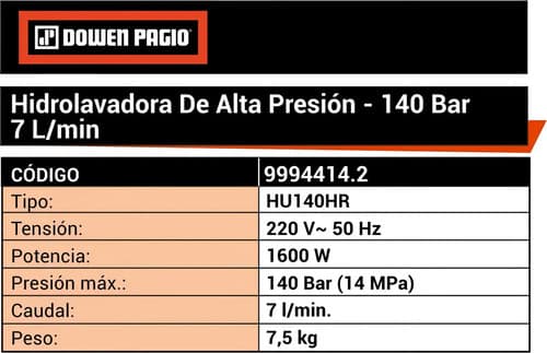 Hidrolavadora Eléctrica Dowen Pagio 9994414.2 Hu140hr Naranja Y Negra De 1.6kw Con 140bar De Presión Máxima - 50hz Naranja/negro 50 Hz