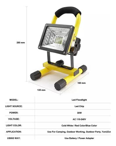 Foco Led De Mano Recargable 30w Camping Trabajo Pesca Blanco Frío