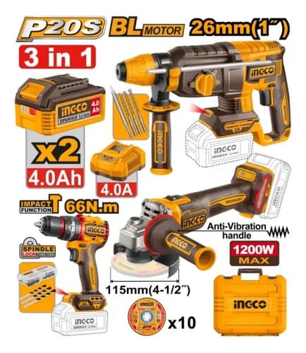 Combo 3 En 1 20v Rotomartillo Amoladora Atornillador Ingco