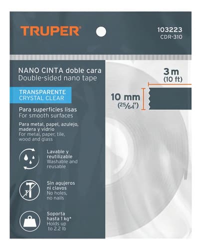 Cinta Doble Cara Reutilizable, Transparente 3mx10mm, Truper