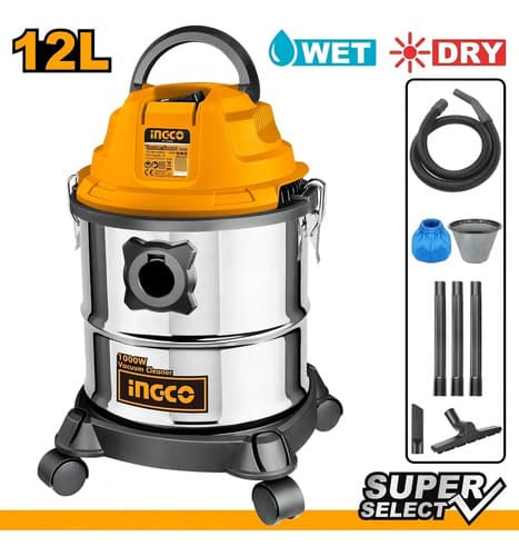 Aspiradora 12lt 1000w Super Select Ingco Vc12202 - Smf Color Anaranjado Y Plateado Naranja/plata