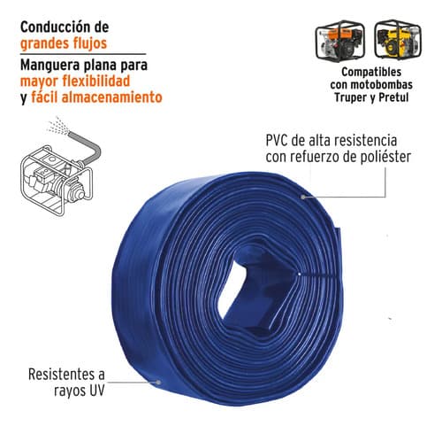 Manguera Plana P/descarga De Agua, 2 X 50 M, Truper 100862 Color Azul