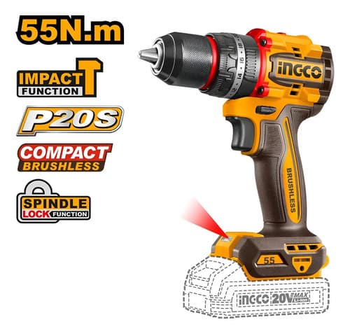 Taladro Percutor Ingco Cidli205581 Brushless 20v 13mm 55nm Naranja Amarillo