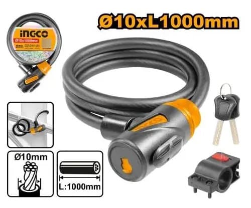 Candado Para Bicicleta 10x1000mm Con Cerradura Ingco Dbk1101 Negro
