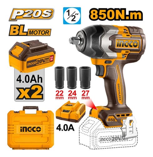 Llave De Impacto 850nm + Bateria 4ah Y Cargador Ingco Color Amarillo 50 Hz X 60 Hz