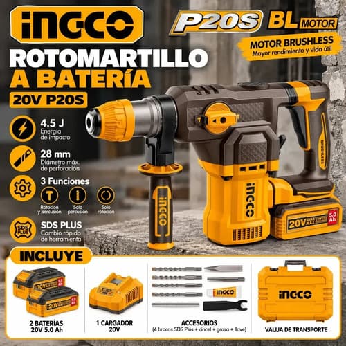 Rotomartillo A Batería 20v P20s Ingco Con 2 Baterías Naranja 50/60 Hz