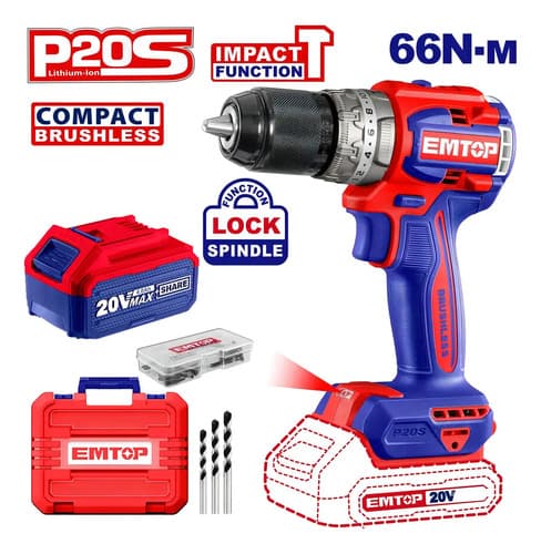Kit Combo Taladro Percutor 66nm + Amoladora 115 Mm Brushless 2 Baterias 4ah Emtop Maletin Y Accesorios Emtop