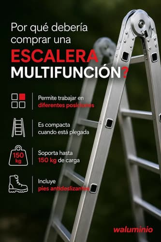 Escalera Multipropósito Aluminio Plegable 4.5m 16 Peldaños 150kg Waluminio Plateado