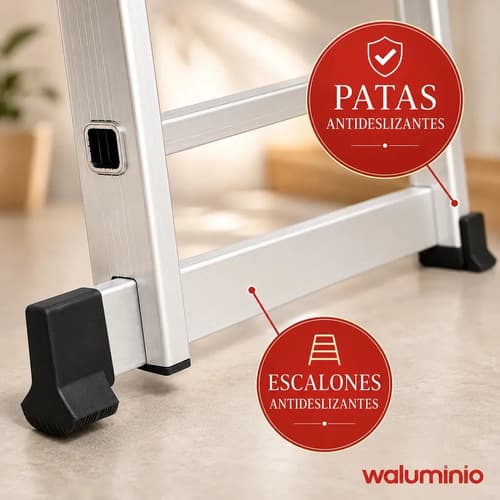 Escalera Multipropósito Aluminio Plegable 4.5m 16 Peldaños 150kg Waluminio Plateado