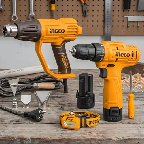 Pistola De Calor Ingco Y Taladro Inalámbrico 12v Con Kit De Accesorios Amarillo