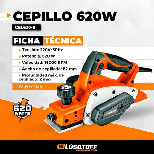 Cepillo Garlopa Carpintero 620w 82x2mm Lusqtoff Color Naranj Naranja