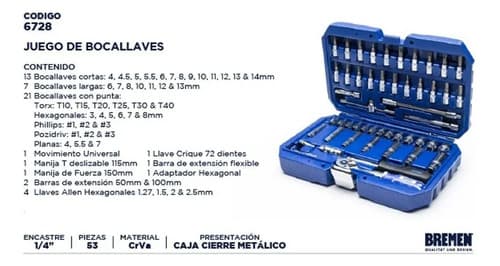 Set Herramientas Llaves Tubo Puntas Bremen 53 Pzs Enc 1/4 Azul