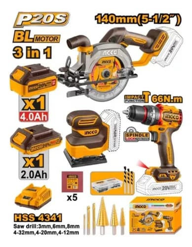 Kit Ingco Bateria Sierra Taladro Atornillador Lijadora