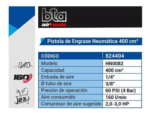 Pistola Engrasadora Neumática Bta Tools Hn0082 0.4l 870.226 Psi