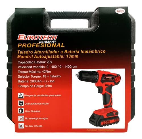 Taladro Atornillador 13mm. 42nm 1400rpm + Batería 20v. + Puntas Mechas | Eurotech Rojo