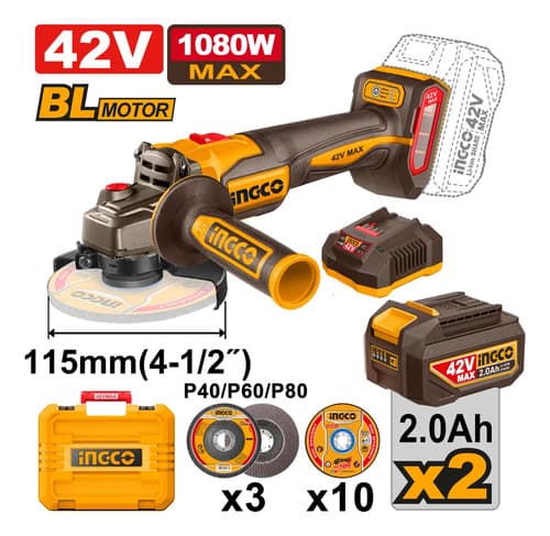 Amoladora Brushless 42v C/ 2 Bat 2.0ah Ingco Cagli410811 Naranja Claro