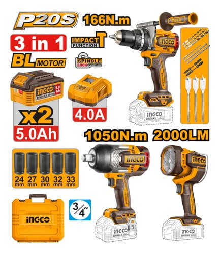 Kit Combo A Bateria Ingco 20v Taladro 166nm + Llave 1050nm +