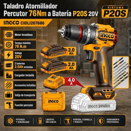 Taladro Ingco Maletín De Transporte 2 Baterias Y Accesorios 50/60