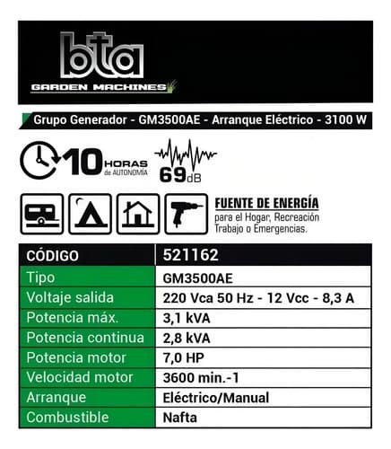 Generador Portátil Bta Tools 3500 3100w Nafta Arranque Eléctrico Avr 4 Tiempos