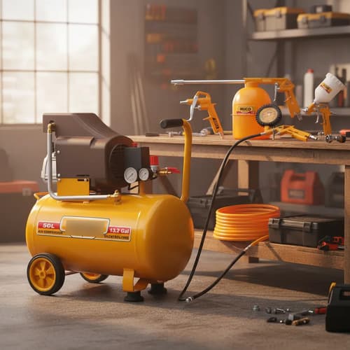 Compresor De Aire Ingco 50 Litros + Kit Compresor 5 Piezas Naranja Claro Monofásica