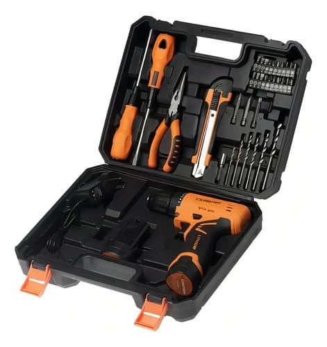 Taladro Atornillador Inalambrico Lusqtoff 2 Baterias 12v + Kit 32 Acc Naranja