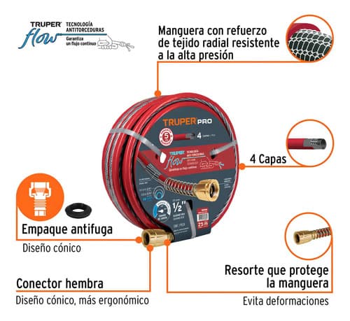Manguera De Riego Super Reforzada 4 Capas Truper Rollo X 25m Color Rojo