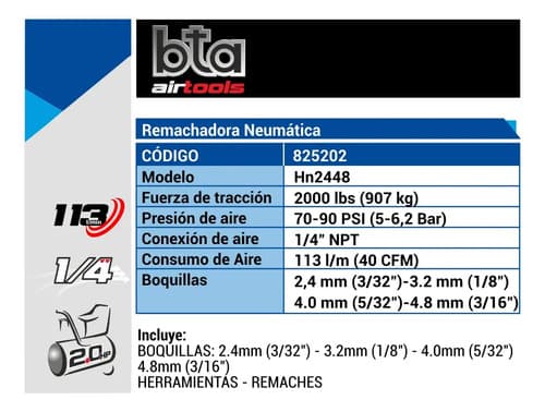 Remachadora Neumática 70-90 Psi Con Boquillas Variadas Bta Air Tools 4