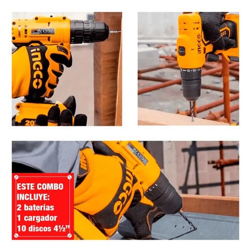 Set Taladro Atornillador + Amoladora + Linterna Ingco Puntas Color Amarillo Frecuencia 50hz 60hz