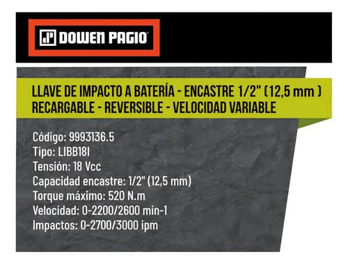 Llave Impacto A Bateria Brushless Dowen Pagio 9993136.5 Color Naranja