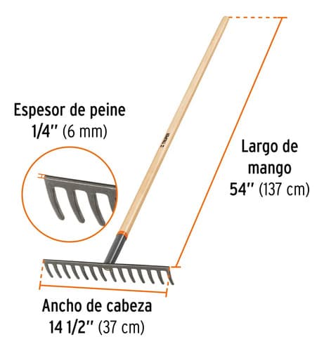 Rastrillo Jardineria Recto 14 Dientes Cabo Madera 137cm Trup