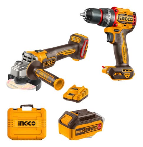 Kit Rotomartillo Inalámbrico Brushless Y Esmeriladora Inalámbrica Con Baterías Ingco Amarillo