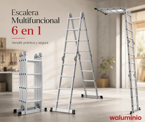 Escalera Multipropósito Aluminio Plegable 4.5m 16 Peldaños 150kg Waluminio Plateado