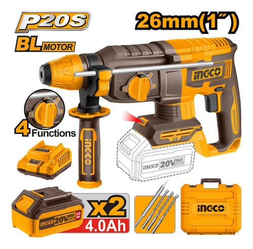 Rotomartillo Ingco 20v Brushless C/2bat 4.0ah, 26mm, Maletin Naranja Claro
